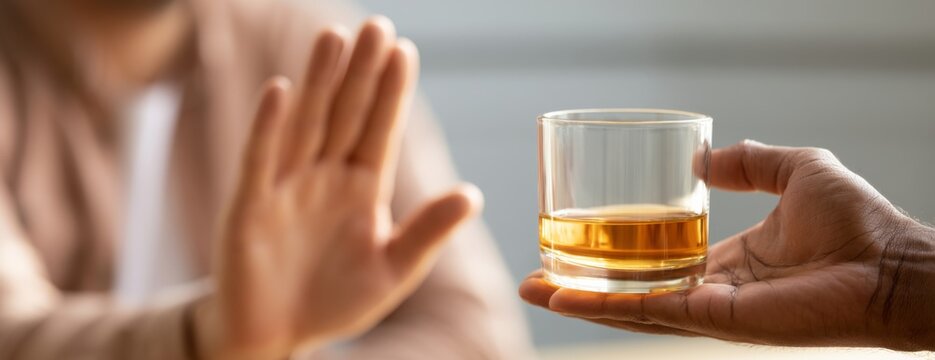 Person refusing drink while another offers glass of whiskey  