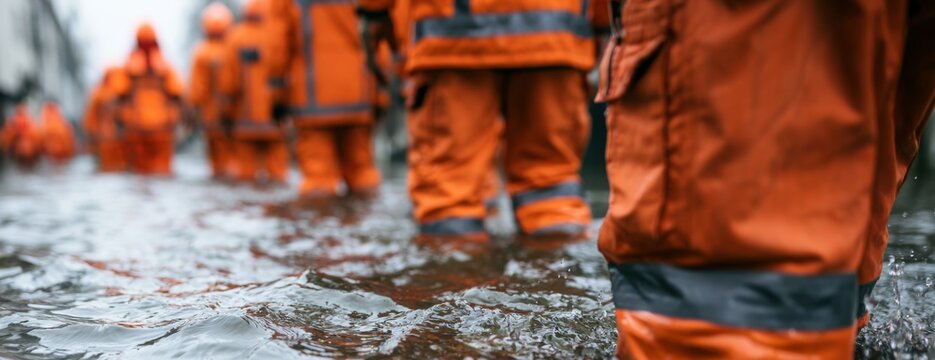 Rescuers standing in flooded street wearing orange protective gear  