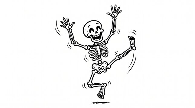 Joyful cartoon skeleton dancing with arms raised and legs spread in a white background Silhouette