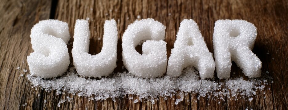 Sugar letters made of granulated sugar on wooden surface  