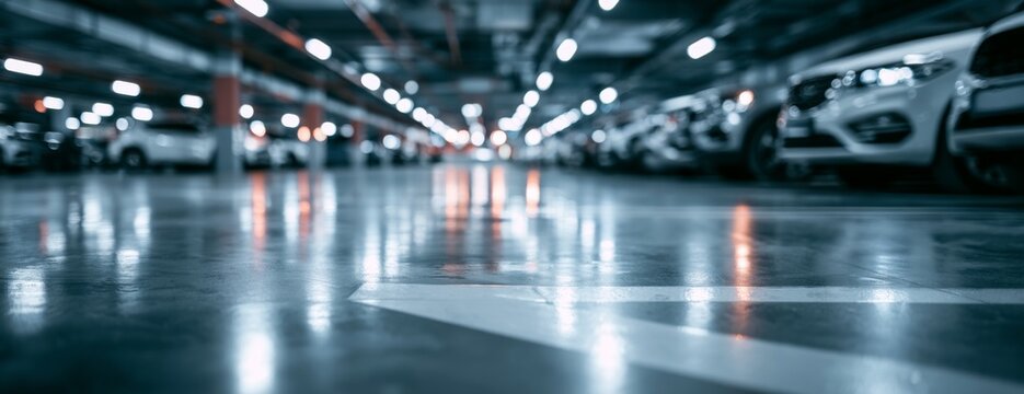 Underground parking garage with parked cars and reflective floor  