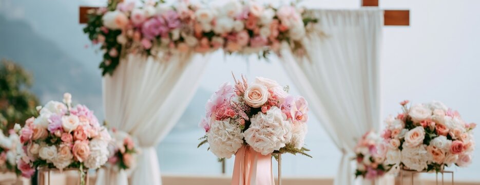 Wedding arch decorated with fabric and pink flowers by the sea  