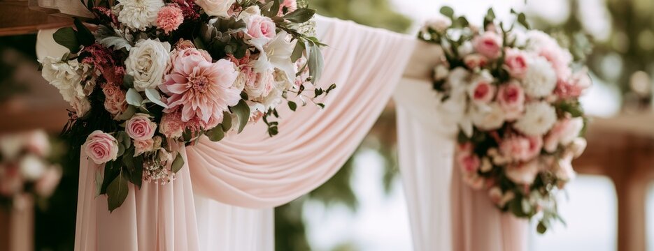 Elegant floral wedding arch decorated with soft pink fabric and roses, aesthetic close-up photo  