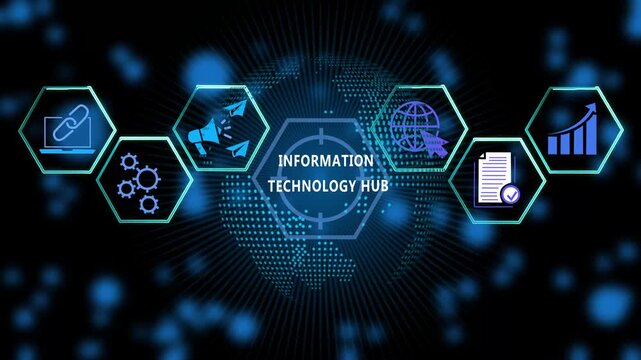 Dynamic information technology hub concept featuring animated hexagonal global digital network connectivity, data analytics, cyber security symbols, and futuristic blue glowing interface