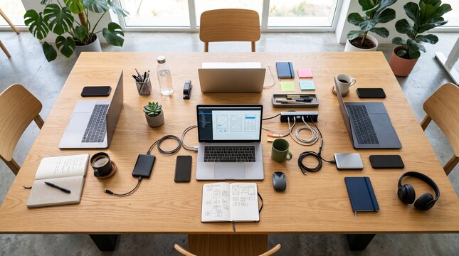 Modern Collaborative Workspace with Laptops and Digital Devices
