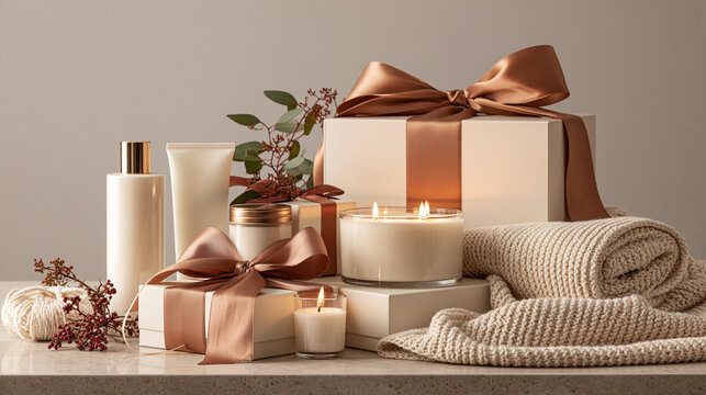Refined self care gift collection with skincare candle knit textile and premium packaging showcasing Black Friday wellness gifting