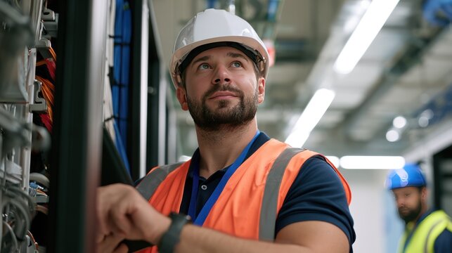 An engineer in a hard hat and safety vest inspecting server racks in a data center. The man is focused and looks up at the equipment with a serious expression