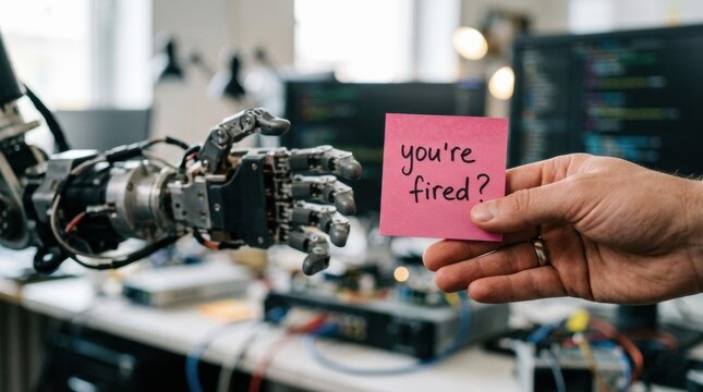 Robot hand giving pink sticky note with 'You're Human Give Text