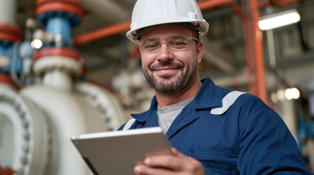 A smiling male engineer wearing a white hard hat, safety glasses, and blue overalls, holding a tablet in front of industrial machinery.