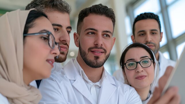 A diverse group of five medical professionals, dressed in white coats, intently looking at a tablet device in a modern facility. Their faces show focus and collaboration