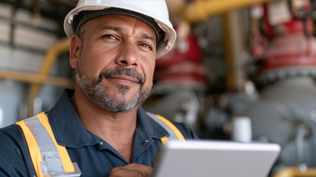 A confident male worker in a hard hat and safety vest holds a tablet, looking towards the camera in an industrial setting.