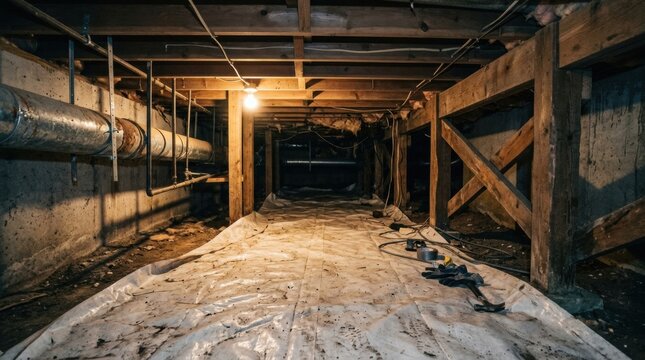 Unfinished Basement Interior with White Tarpaulin Floor, Wooden Crawl space view beams and