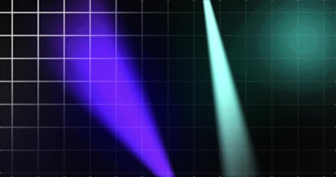 Futuristic grid technology background with volumetric spotlight beams moving. Digital interface with high soft beams of lights for sass product, advertisement and digital interfaces. Stage light flare