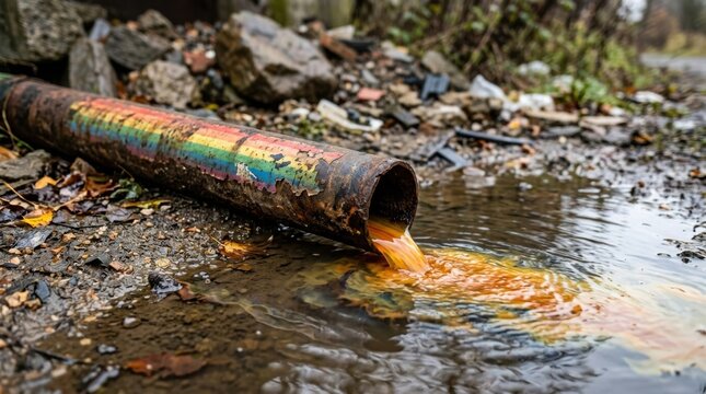 Metal pipe with rainbow stripe releasing orange liquid A releases colorful, viscous onto