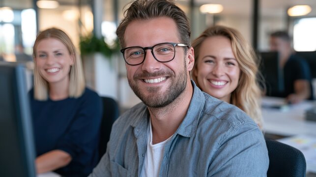 A man with glasses and two smiling women in an office environment. They are all looking at the camera with cheerful expressions.