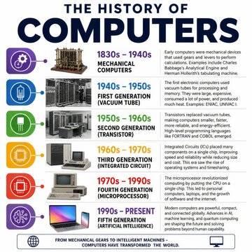 History of Computers Infographic Timeline from Mechanical Gears to Artificial Intelligence