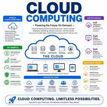 Comprehensive Cloud Computing Infographic Explaining Service Models Benefits and Deployment Models for Business Technology