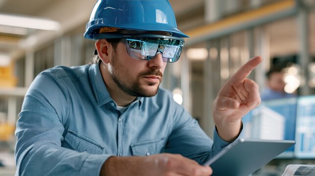 A man in a blue hard hat and safety glasses is working with a tablet and pointing. He seems to be looking at some holographic information projected in front of him