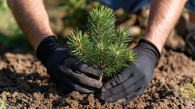 Hands wearing black gloves gently plant a small, green sapling in fertile soil, signifying growth and care for the environment.