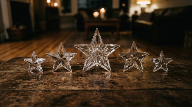 Five Clear Glass Stars Arranged on Wooden Surface Transparent star shaped awards lined up table