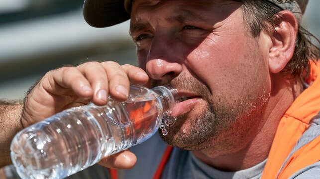 A construction worker drinking water from a plastic bottle on a hot day. The man is sweating and looks tired but determined