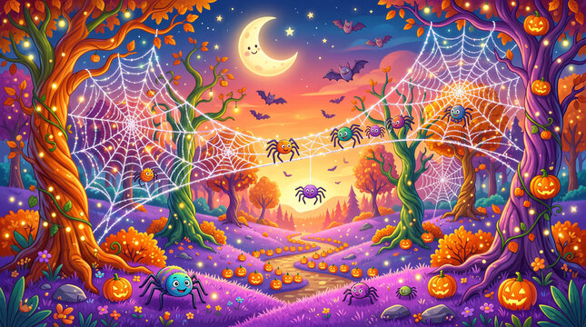 Whimsical vector illustration of a magical Halloween spiderweb forest landscape&mdash;featuring giant glowing spiderwebs stretched between colorful autumn trees, cute friendly spiders, jack-o'-lanterns scat
