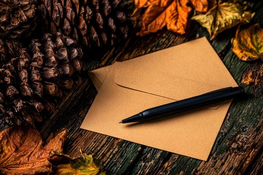 Kraft paper envelope with black pen on rustic wood surrounded by autumn foliage and pine cones in a moody macro shot for greeting card marketing
