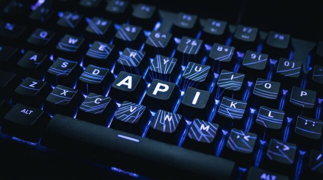 Futuristic Black Keyboard with API in White Letters digital interface glowing icons connected