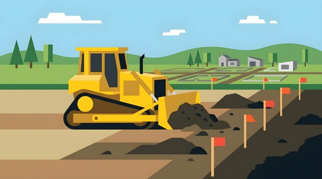 Flat vector illustration of a bulldozer leveling soil at a road construction site with marked survey flags. Perfect for earthmoving, land development, excavation, and infrastructure projects.