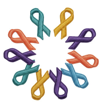 Colorful awareness ribbons arranged in a circular pattern representing health and support causes