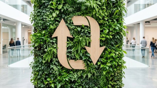 Green Wall Covered in Leaves with Recycling Symbol, a symbolizing eco-friendly
