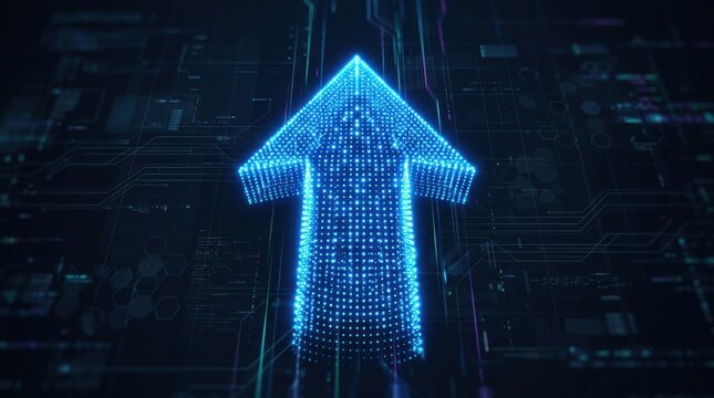 Futuristic blue arrow made of dots pointing upwards Glowing digital particles moving