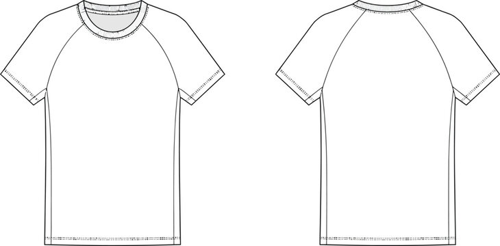 Technical fashion sketch of a mens raglan sleeve t shirt showing front and back views in outline