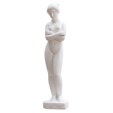 Ancient greek Cycladic idol isolated on white transparent, marble female statue stands with foded arms