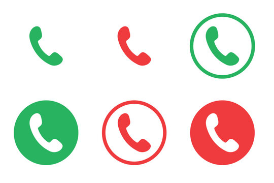 Minimalist phone call icon set, green and red telephone handset symbols, vector UI elements for accept and decline buttons
