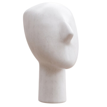 Minimalist white Spedos type Cycladic marble head with an angular nose isolated on white transparent