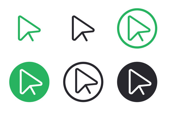 Minimalist mouse cursor icon set, green and black arrow pointer vector elements, digital UI navigation symbols for web design