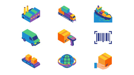 Fototapeta premium Isometric Vector Icons Set Illustrating Logistics and Shipping: Factory, Train, Ship, Van, Package Scanning, Barcode, Conveyor Belt, Global Delivery, Hand Holding Box