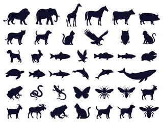 Fototapeta premium Animals Silhouettes Set - Wild Animals, Pets, Birds, Marine Life, and Reptiles Vector Icons