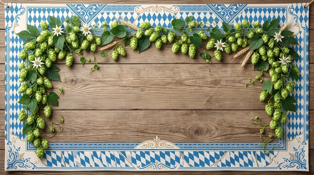 Oktoberfest beer festival banner. Bavarian blue and white frame with fresh green hops.