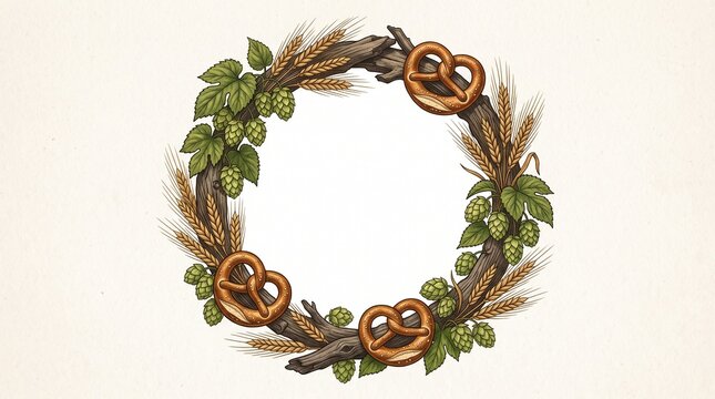 Oktoberfest wreath with pretzels and hops. Beer festival circular frame with wheat ears.