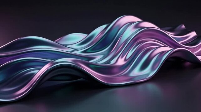 Abstract 3D background, iridescent liquid chrome fluid swirls, holographic color shifts (purple, teal, pink), glossy reflective surface
