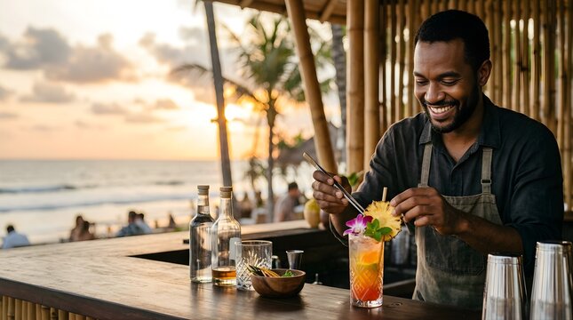 Smiling bartender garnishing tropical cocktail at beach bar sunset