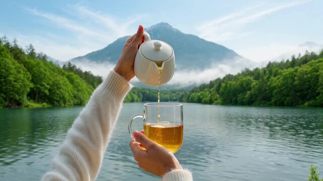 Pouring hot tea into glass mug with scenic mountain lake view and morning mist background