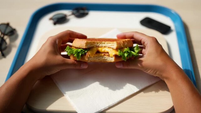 Pov eating a delicious grilled cheese sandwich with melted cheddar and fresh lettuce