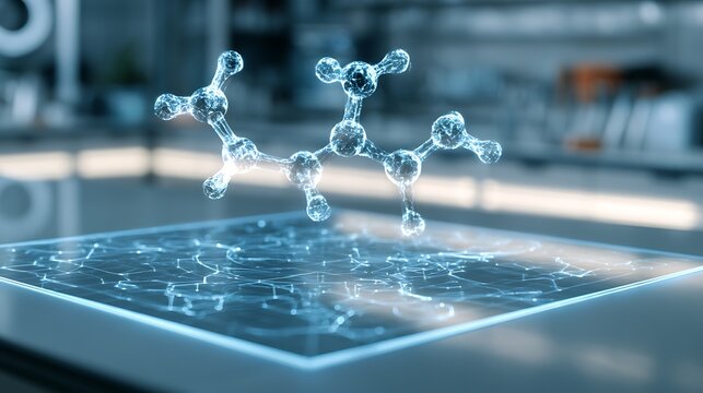 Medical AI laboratory interface, holographic molecule simulation above transparent smart lab surface