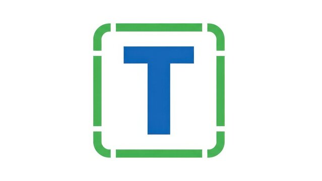 Blue letter t icon with green border on simple background