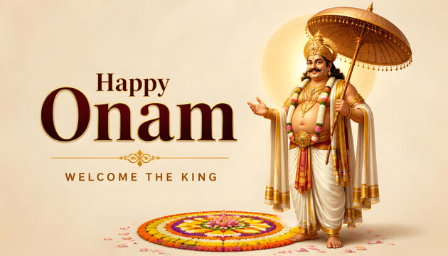 Onam celebration featuring King Mahabali beside vibrant Pookkalam welcoming prosperity in elegant Kerala festive design