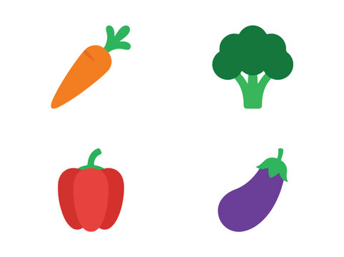 Collection of fresh vegetables including carrot broccoli red bell pepper and eggplant on a white background