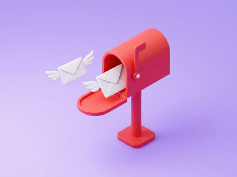 A 3D red mailbox with two winged white envelopes flying out together